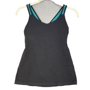 Lululemon Cross Back Tank‎ Top Size 6 Women's Built in Bra Turquoise Mesh Black